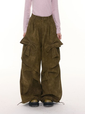 ziziFei秋冬季美式復古設計感蝴蝶結高腰顯瘦做舊棕色休閒長褲女