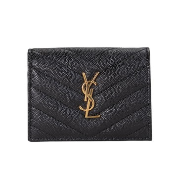 YSL MONOGRAM 魚子醬粒面壓紋釦式短夾(金字-黑色)