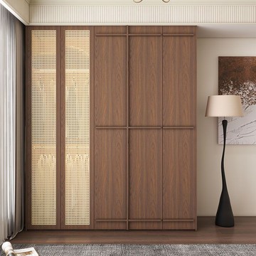 公司貨 免運 實木復古衣櫃臥室家用中古風衣櫥骨骼線藤編收納儲物櫃多層板定制 快速發貨