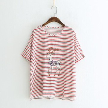 現貨+預購 短袖T恤條紋上衣-小鹿刺繡清新休閒女打底衫3色73sy49【獨家進口】【米蘭精品】