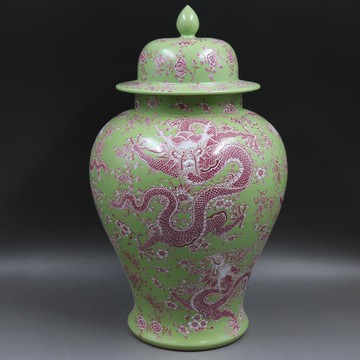 清康熙綠地紅彩穿花龍紋將軍罐仿古家居裝飾復古瓷器擺件古董古玩1入