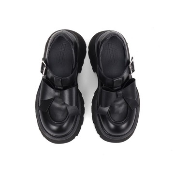 notdetailed原創 蝴蝶結裝飾圓頭粗跟高跟樂福鞋學院風女士小皮鞋