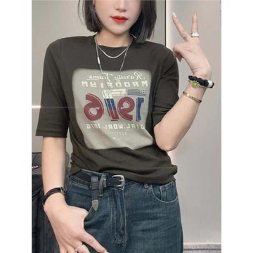 歐洲站2025秋新款字母數字T恤打底衫女修身顯瘦百搭中袖體恤上衣