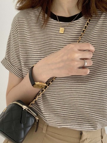 條紋t恤圓領寬松短袖女夏裝2022新款ins小心機撞色半袖短款上衣潮