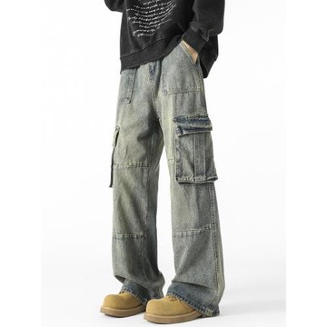 悟空有貨潮牌嘻哈寬松hiphop立體大口袋工裝牛仔褲男水洗直筒長褲
