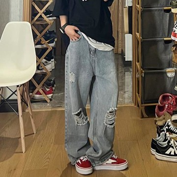 破洞牛仔褲男春秋高街褲子潮牌復古做舊寬松闊腿褲直筒拖地長褲