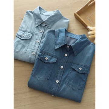 文藝小清新雙口袋學院風修身牛仔襯衫女長袖磨白做舊打底衫大碼潮