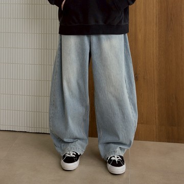 LAKING-簡約水洗刷白寬鬆牛仔長褲