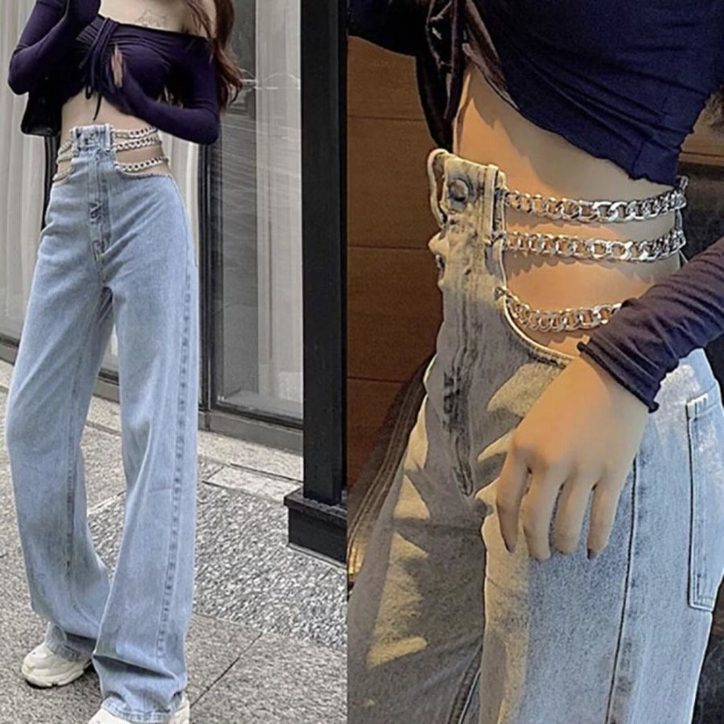 ジーンズ デニム パンツ 腰チェーン ワイドタイプ デニムボトムス G