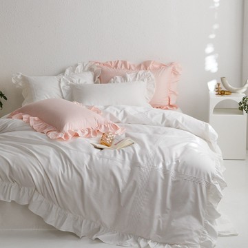 新款法式荷葉邊床包組 全棉水洗棉 純色四件套 簡約 純棉長絨棉床包組 花邊床包組 被套 床單