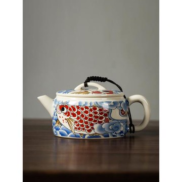 魚戲漢瓦壺大壺口茶壺高顏值泡茶壺家用陶瓷中式單壺功夫草灰茶具