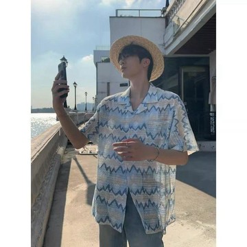 老錢風海邊古巴領短袖花襯衫男夏季針織鏤空潮牌寬鬆休閒百搭襯衣