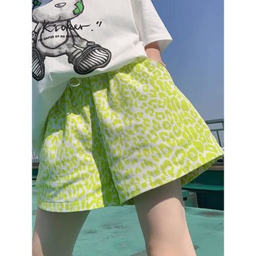 豹紋印花熒光綠五分褲女2025夏季歐貨寬松休閑高腰闊腿松緊腰短褲