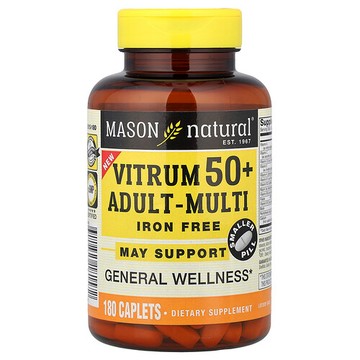 Mason Natural, Vitrum 50 + 成年人複合維生素，無鐵，180 囊片