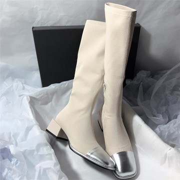 森嶼海巷 拼色溫柔姐姐真皮銀色側拉鏈中跟不過膝時裝靴韓版長靴