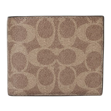 COACH-防刮 LOGO皮革8卡透明夾層對折短夾(卡其)