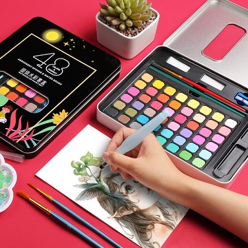 48色固體水彩顏料套裝初學者美術繪畫工具套裝手繪專業水彩畫顏料便攜固體水粉顏料分裝學生兒童畫畫顏料盒裝