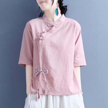 夏季對稱飄繩中袖復古茶服上衣