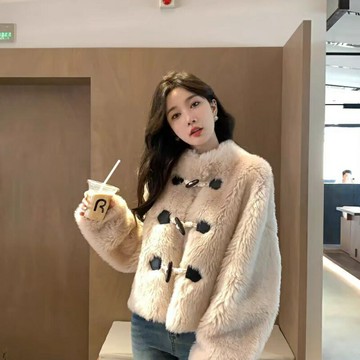 現貨+預購 皮草外套羊毛大衣-保暖毛牛角扣短款女外套2色74iq23【獨家進口】【米蘭精品】