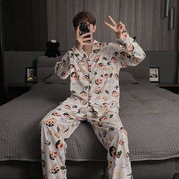 可愛蠟筆小新睡衣男長袖純棉薄款春秋卡通情侶家居服女夏天兩件套