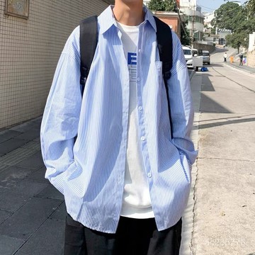 【精品男裝】條紋襯衫男港風日係復古長袖大碼襯衣韓版潮流寬鬆休閒百搭上衣