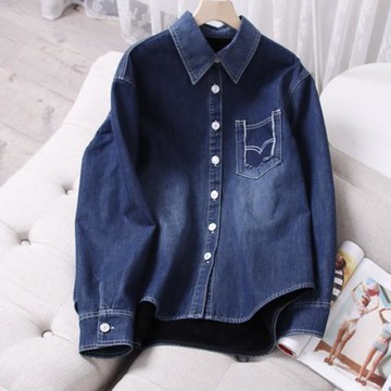 2024春裝新款時尚休閑純棉牛仔襯衫女百搭顯瘦加絨保暖牛仔襯衣潮