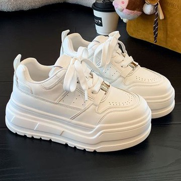 Taroko 流行增高真皮女款綁帶厚底小白鞋休閒鞋(白色)