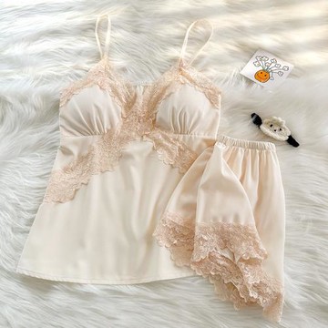 吊帶睡衣女款夏季雪紡冰絲2024新款性感女士花邊杏色帶胸墊兩件套