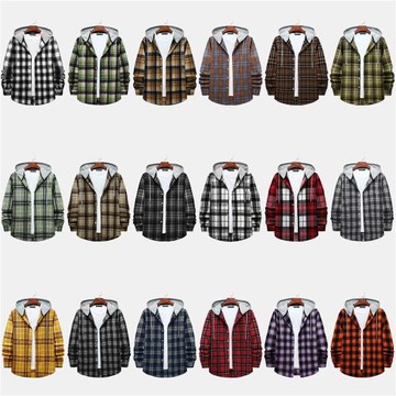 男士秋季休閑連帽格子襯衫Men autumn casual hooded plaid shirt