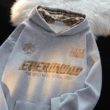 美式復古字母刺繡連帽加絨衛衣女2025新款冬季寬松休閑套頭衫外套