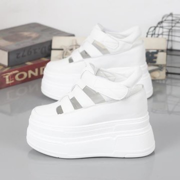 2024夏鏤空小白鞋女小個子厚底內增高10-12CM松糕鞋百搭休閑涼鞋