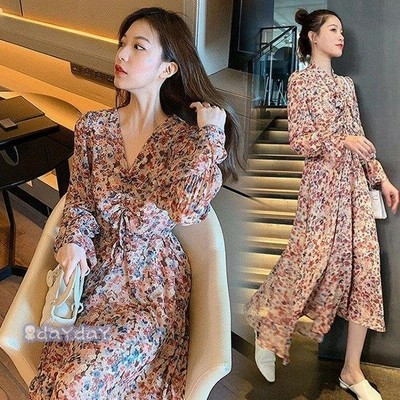 ワンピース レディース 40代ワンピース 春夏 マキシワンピース 長袖 花柄ワンピース Vネック 通勤 結婚式ドレス お出かけ 大人 通販 Lineポイント最大get Lineショッピング