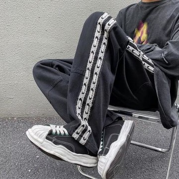 織帶牛仔褲男美式復古高街褲子潮牌寬松直筒褲春秋新款闊腿褲長褲