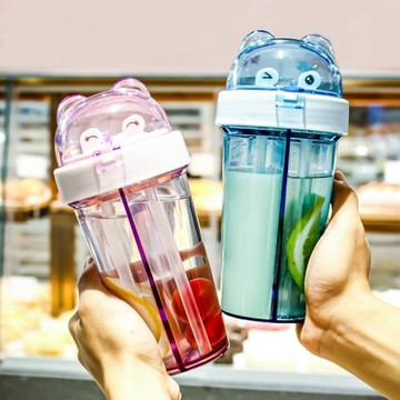 豆丁雙飲杯創意塑料吸管杯 ins學生水杯情侶雙吸管杯禮品杯子批發