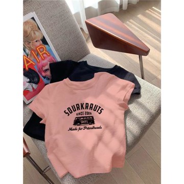 粉色正肩短袖T恤女夏季2025新款美式復古修身小個子高腰短款上衣