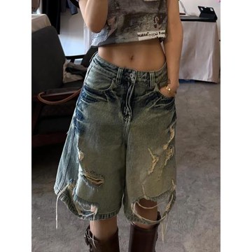 DDNX純欲y2k辣妹復古水洗牛仔短褲女夏季直筒寬松高腰破洞五分褲