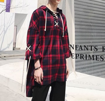 FINDSENSE H1 2018 夏季 新款 高端 連帽格子穿繩設計 半袖襯衣  寬鬆 休閒襯衫 男 上衣