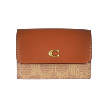 COACH 專櫃款 復古全皮拼接C LOGO PVC釦式三摺零錢袋小短夾