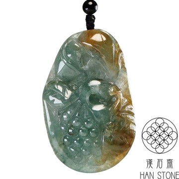 【漢石齋】天然翡翠A貨 蝠獸福瓜玉佩吊墜 冰糯種飄花帶黃翡(37*59*11mm)