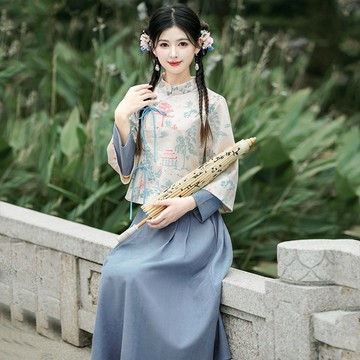 【夏天Summer】🔥實拍新中式漢服亭臺樓閣立領斜襟繫帶印花長袖上衣改良半身裙套裝