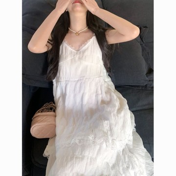 【T-2】🖤法式白色吊帶洋裝女 夏季新款氣質蕾絲花邊蛋糕裙 海邊度假長裙 白色連身裙
