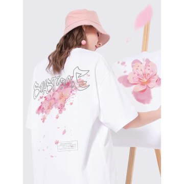 原創櫻花國潮t恤女潮牌2025春夏季新款寬松大版半袖oversize短袖