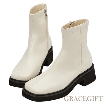 【Grace Gift】百搭專屬方頭輕量厚底短靴 米白