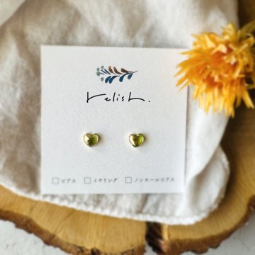 【再販】心形 橄欖石 8月誕生石 金繼 耳環 無耳洞耳夾 飾品 天然石 綠色 翠綠 黃綠 金色 小巧 精緻 極小 簡約