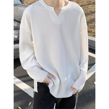 復古簡約小眾t恤男生春夏季長袖v領褶皺垂感重磅內搭打底衫上衣服