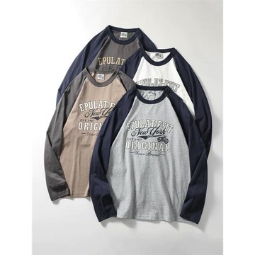 美式復古機車潮牌純棉撞色插肩長袖t恤男春秋季外貿男裝全棉體恤