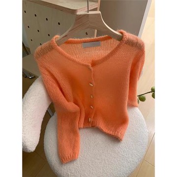 西柚橘色軟糯馬海毛針織開衫女早秋牛角扣薄款毛衣外套上衣高級感
