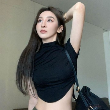 復古短袖女修身上衣顯瘦短袖半高領短袖純色短袖T恤女夏季上衣女辣妹緊身短袖短款百搭上衣短袖女