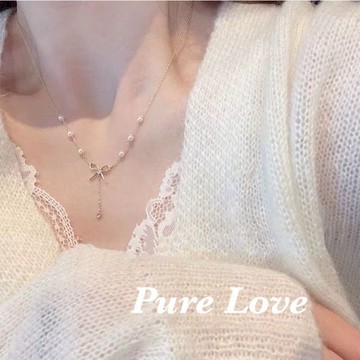 Pure Love樂芙 / 正韓 銀飾【S925純銀】N01062簡約通體純銀項鍊蝴蝶結珍珠鎖骨鏈 短項鏈 / 銀