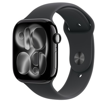 Apple Watch Series 11 (GPS)；46 公釐曜石黑色鋁金屬錶殼；黑色運動型錶帶 - M/L